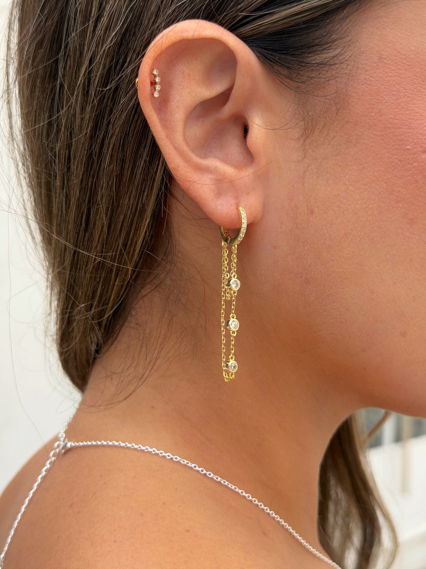 זוג עגילי חישוק שרשרת זירקונים מכסף אמיתי 925