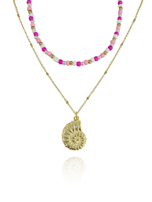 שרשרת כפולה חרוזים ורודים קונכייה