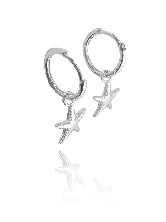 זוג עגילי חישוק כוכב ים מכסף אמיתי 925