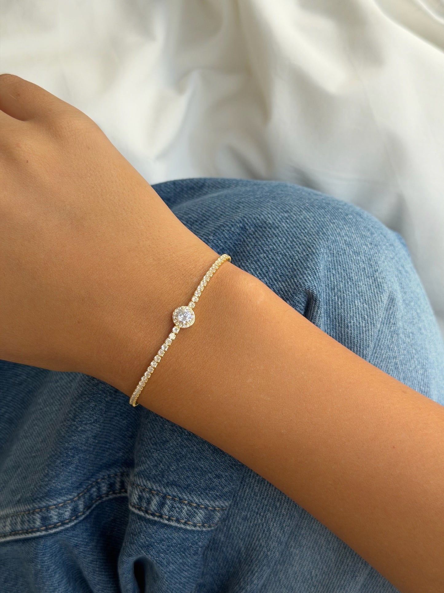 צמיד טניס אבן מרכזית מכסף אמיתי 925