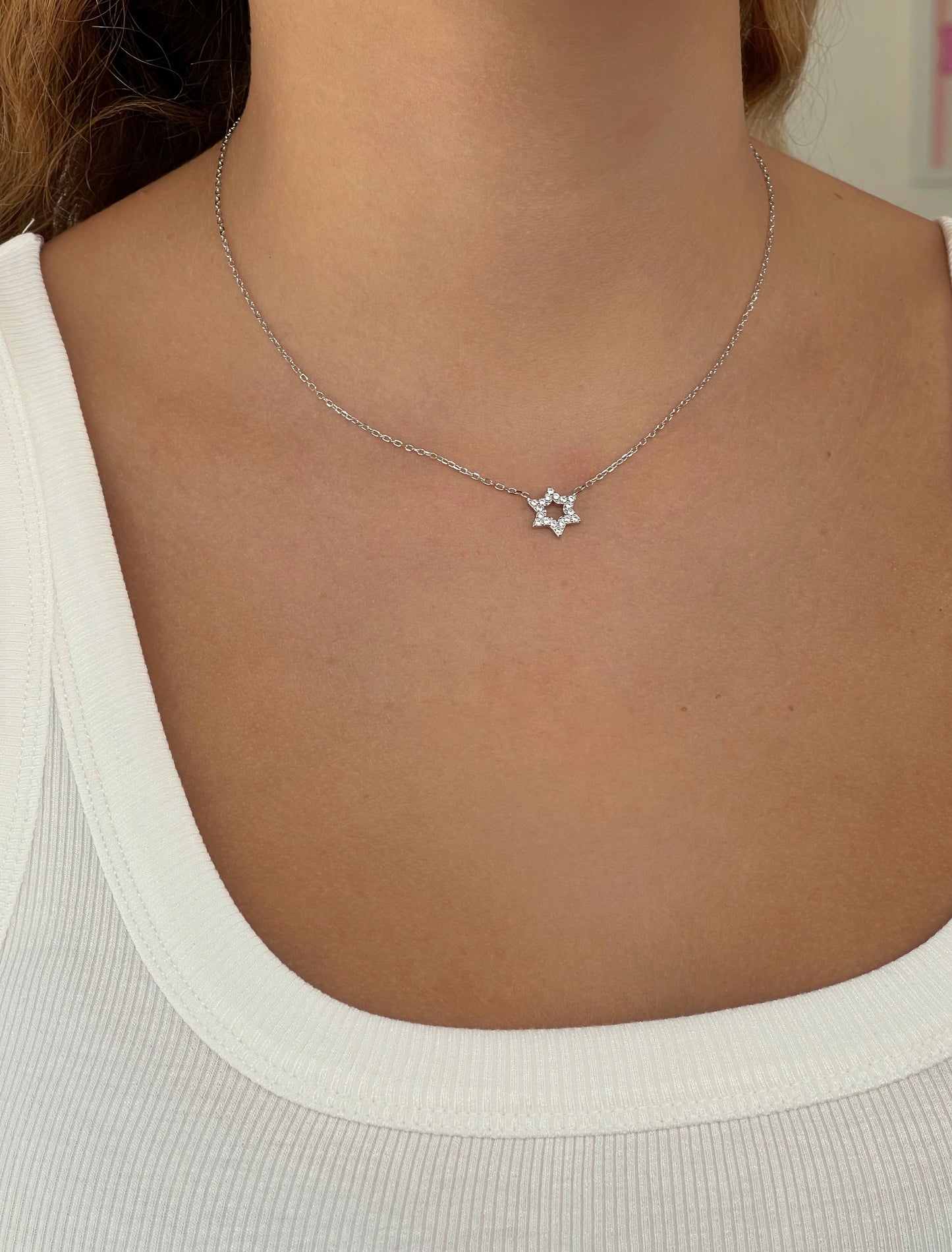 שרשרת מגן דוד משובץ צמודה מכסף אמיתי 925