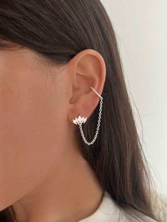 עגיל פרח לוטוס בל ארוך בשילוב הליקס ללא צורך בחור מכסף אמיתי 925