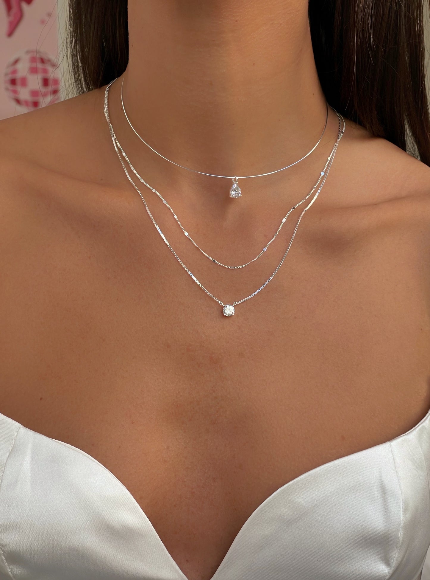 שרשרת קשיחה בשילוב זירקון טיפה מכסף אמיתי 925