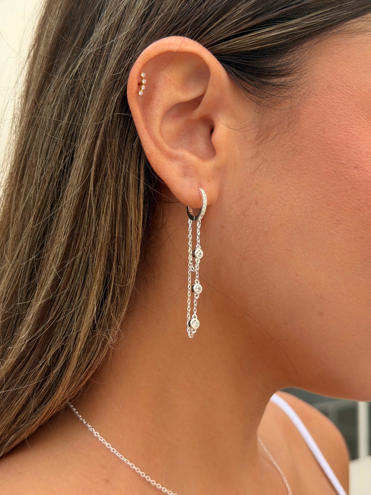 זוג עגילי חישוק שרשרת זירקונים מכסף אמיתי 925