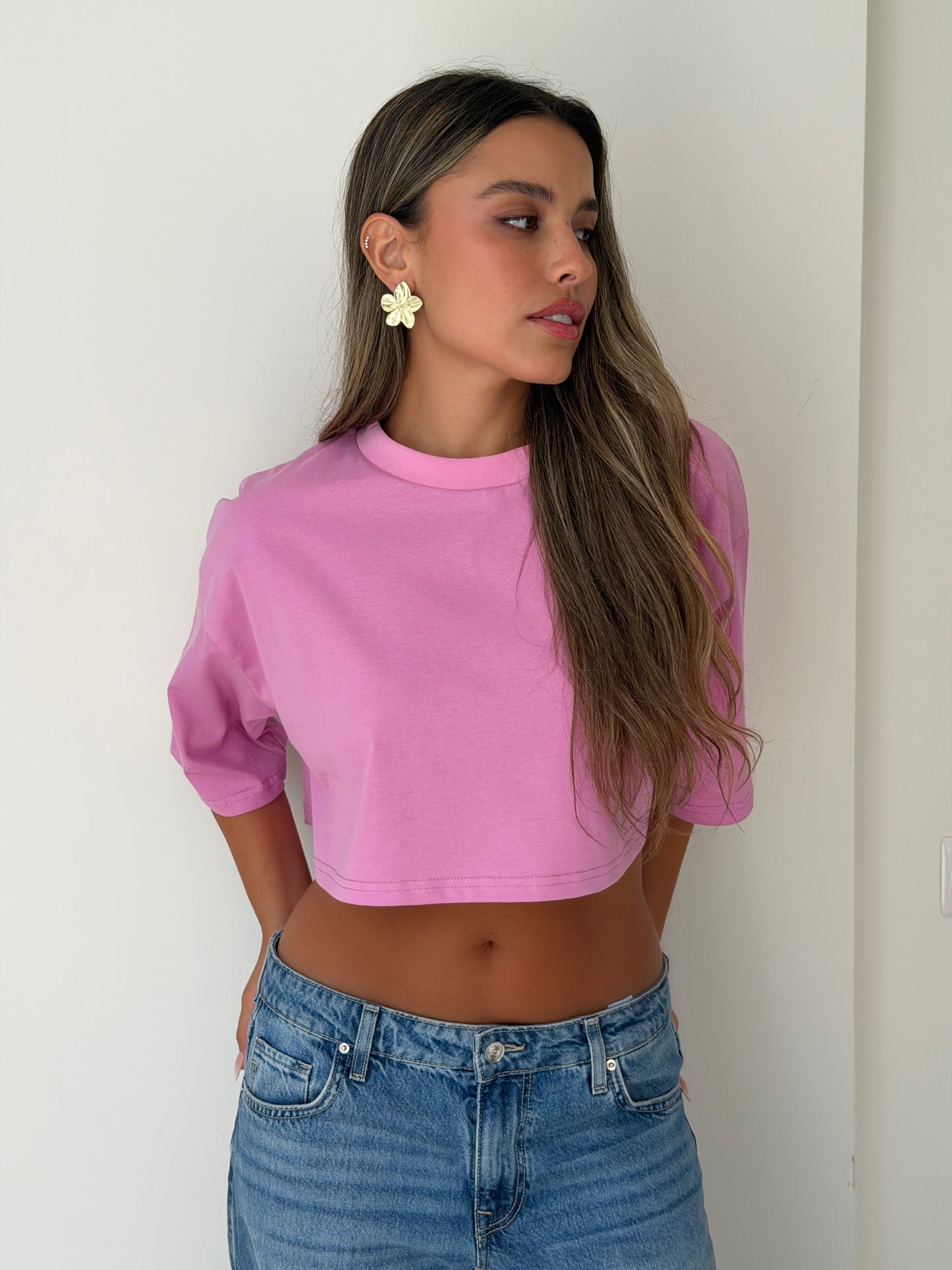 טי שירט קרופ ורוד כהה