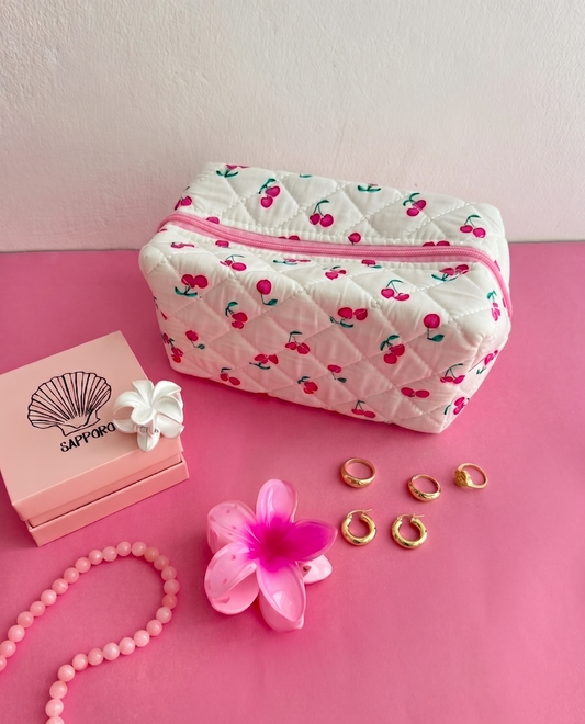 תיק איפור לבן דובדבנים ורודים