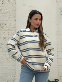 חולצת צווארון אוברסייז שמנת - כחול