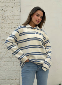 חולצת צווארון אוברסייז שמנת - כחול