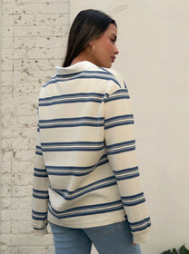 חולצת צווארון אוברסייז שמנת - כחול