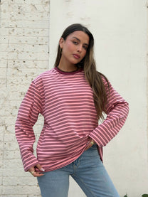 חולצת אוברסייז פסים רומי ורוד בורדו