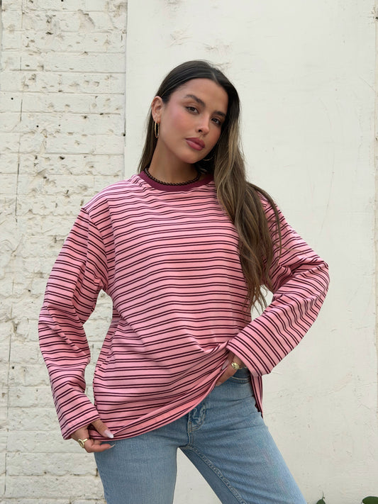 חולצת אוברסייז פסים רומי ורוד בורדו