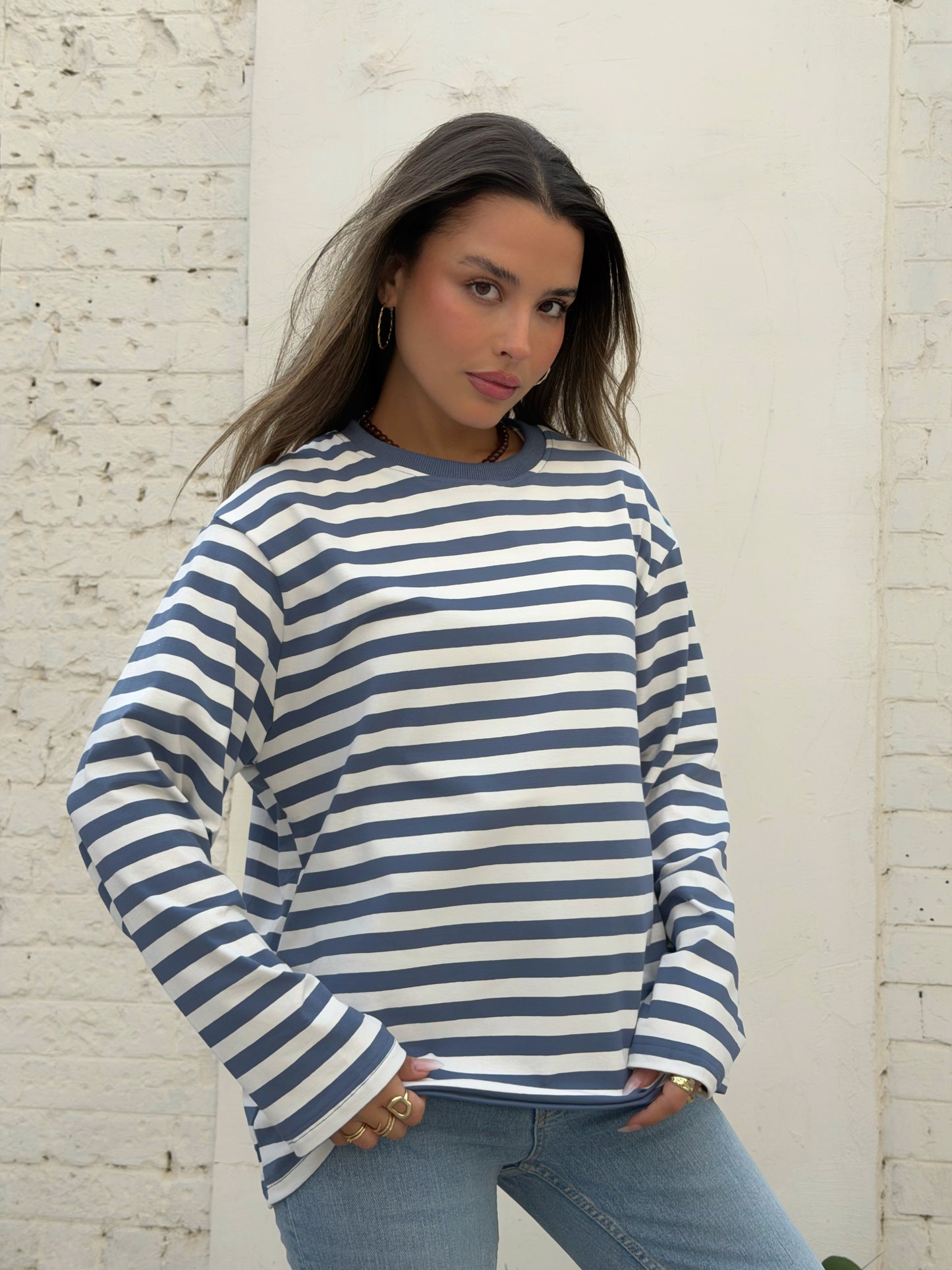 חולצת אוברסייז פסים רומי כחול לבן