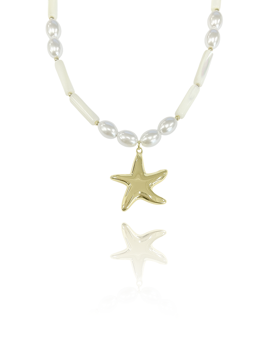 שרשרת כוכב ים בשילוב פנינים וחרוזים