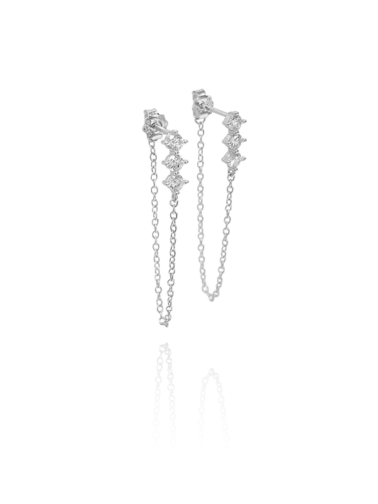 זוג עגילי שרשרת טריפל זירקונים מכסף אמיתי 925