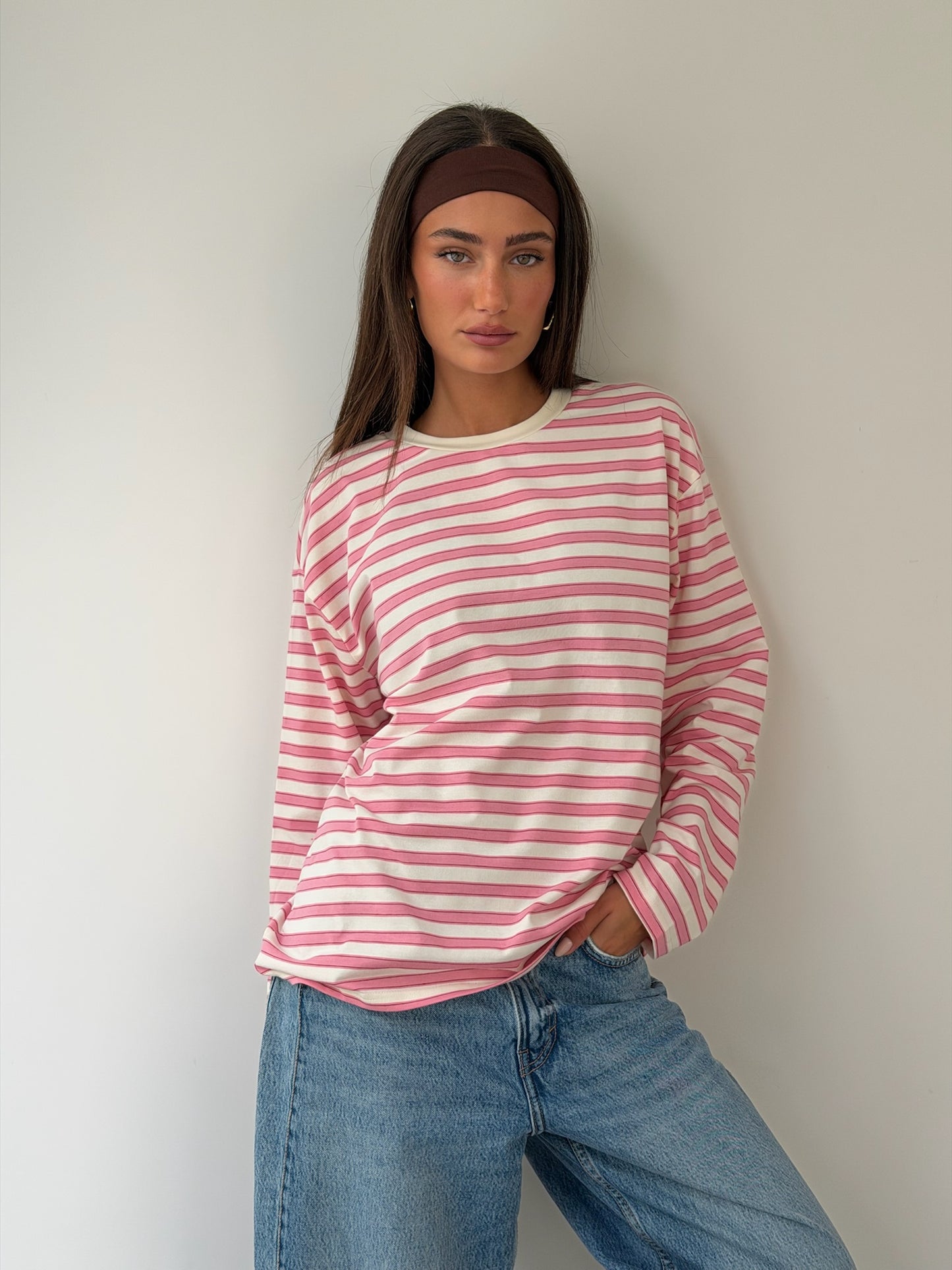 טי שירט אוברסייז פסים ורוד