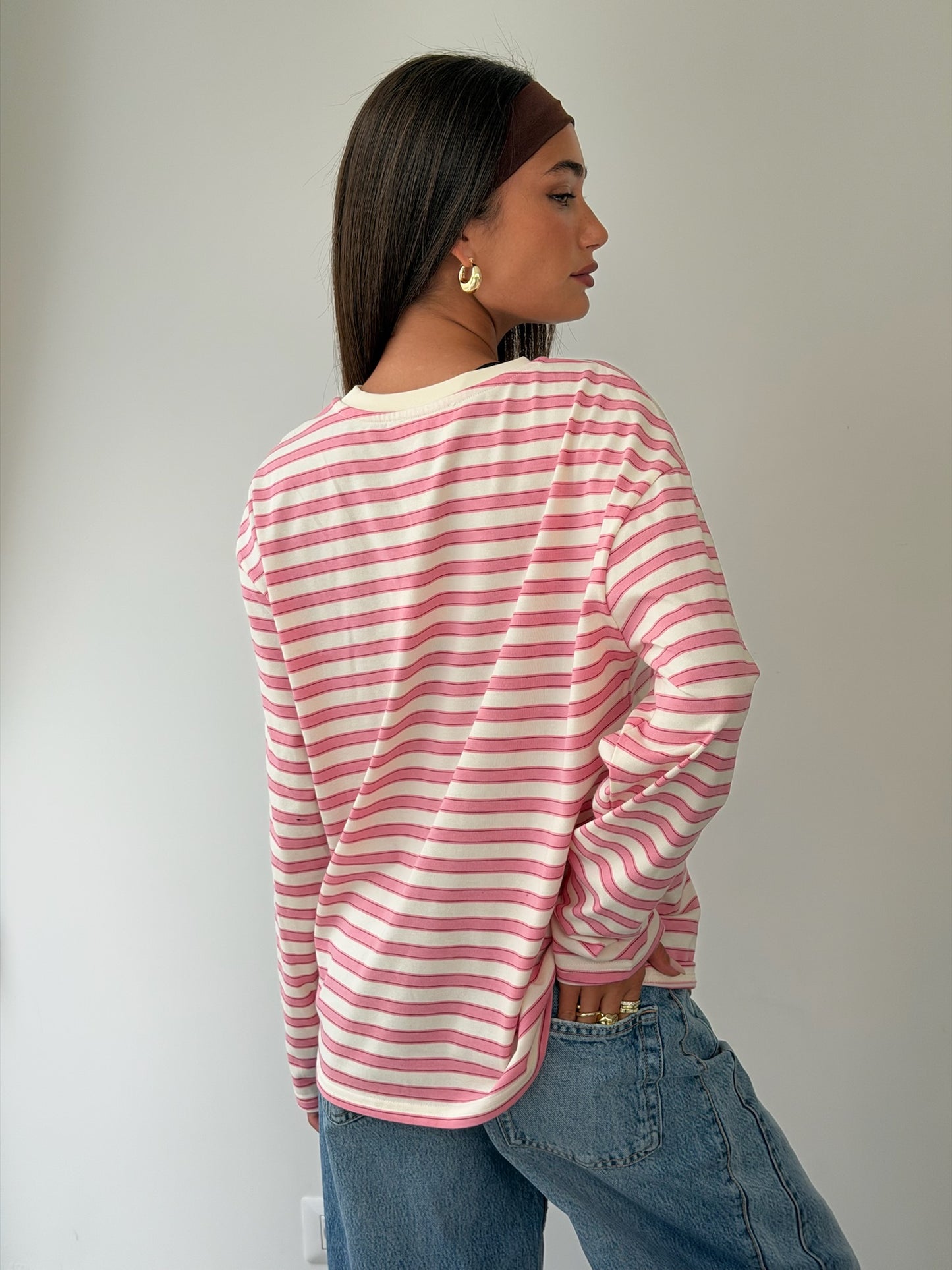 טי שירט אוברסייז פסים ורוד