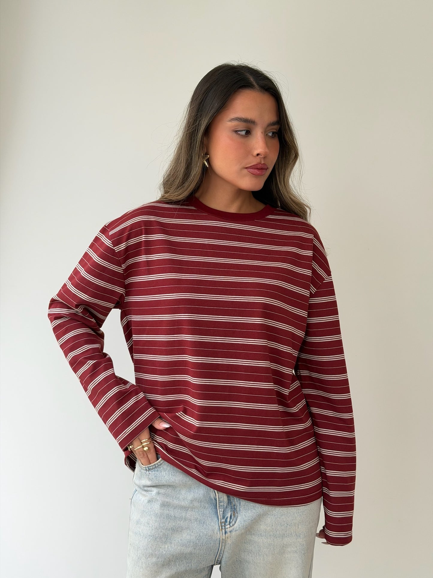 טי שירט אוברסייז פסים בורדו