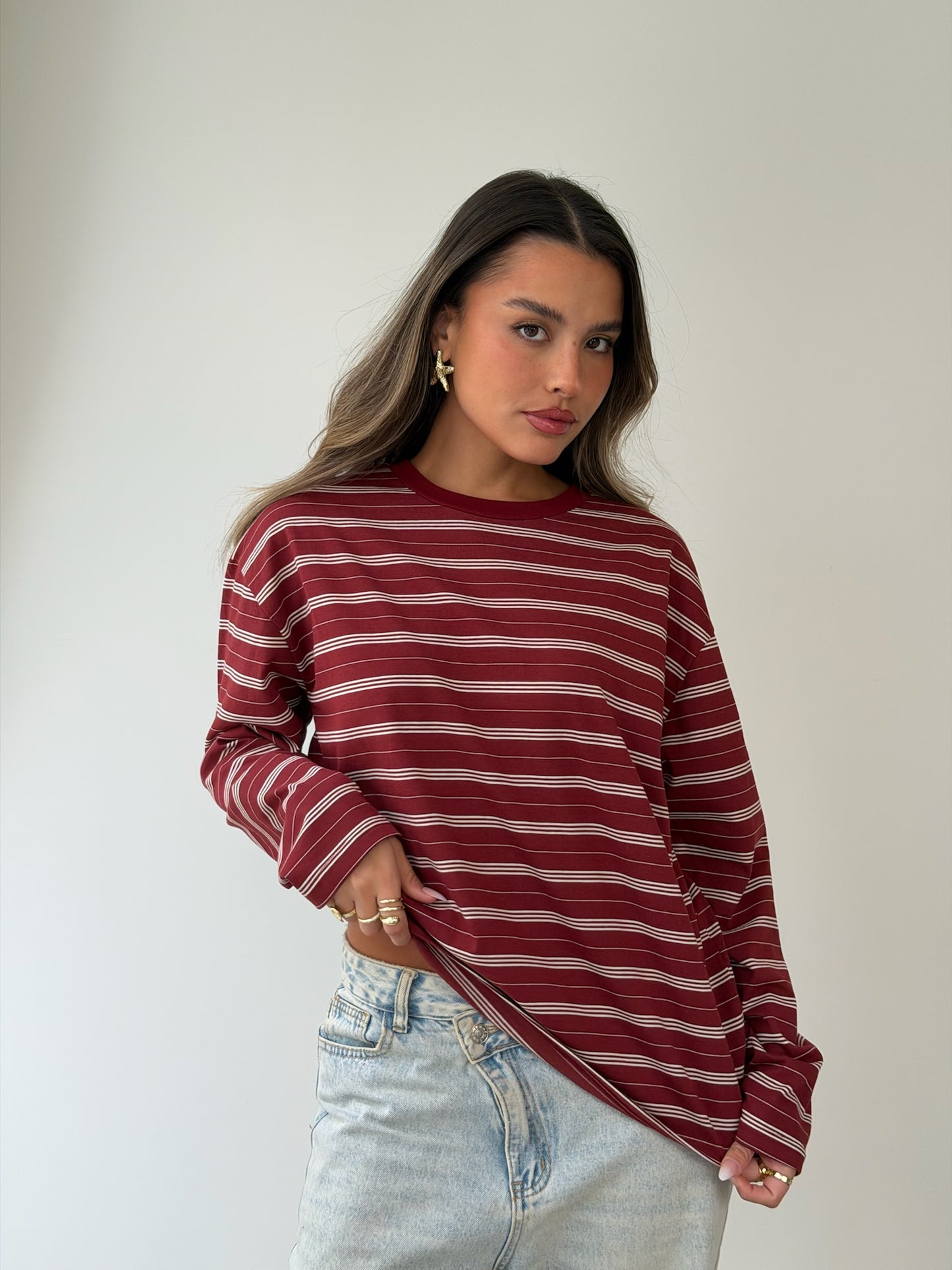 טי שירט אוברסייז פסים בורדו